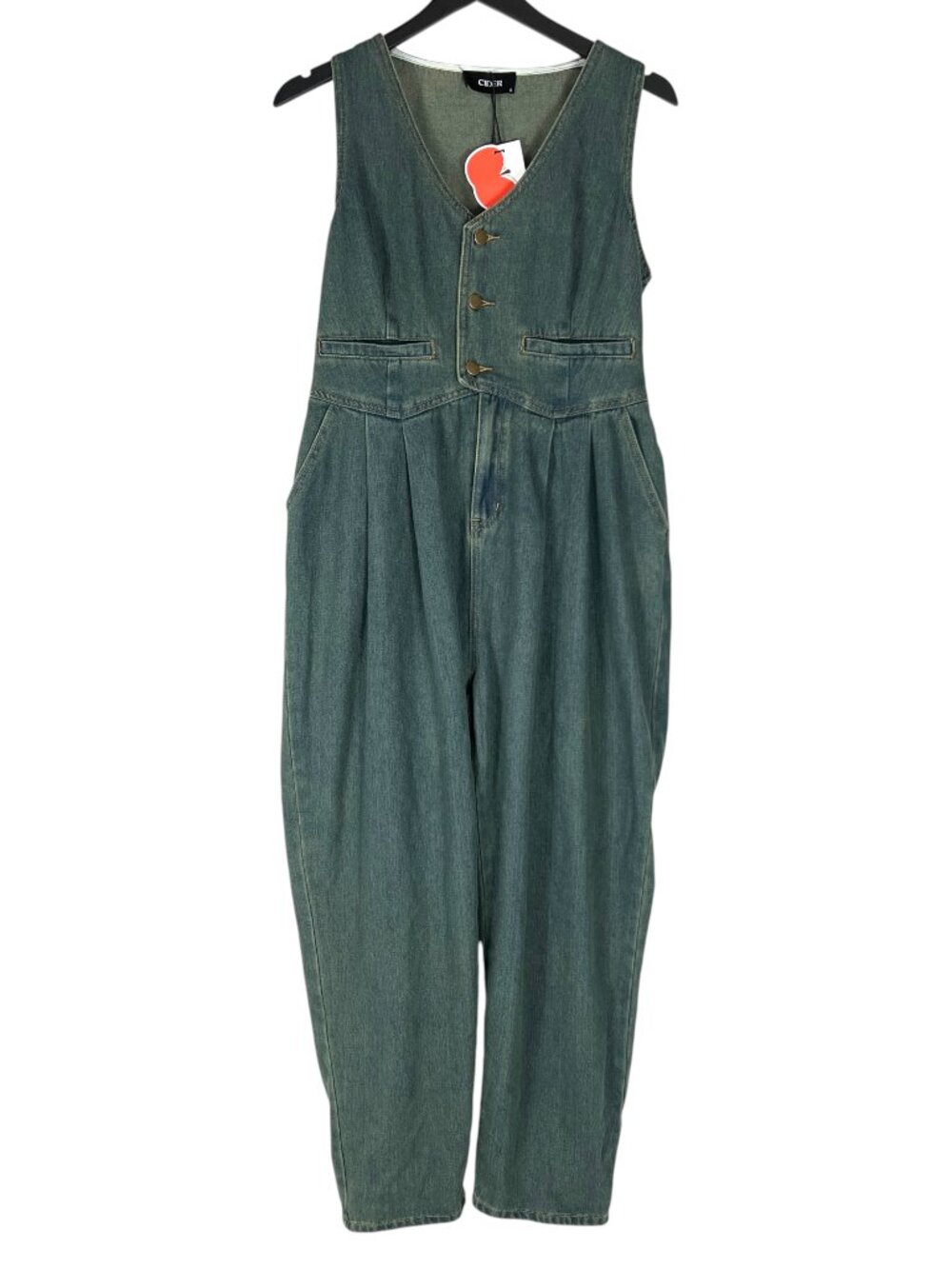 NWT CIDER Women's Denim V-neck Belted Straight Leg Jumpsuit Size L